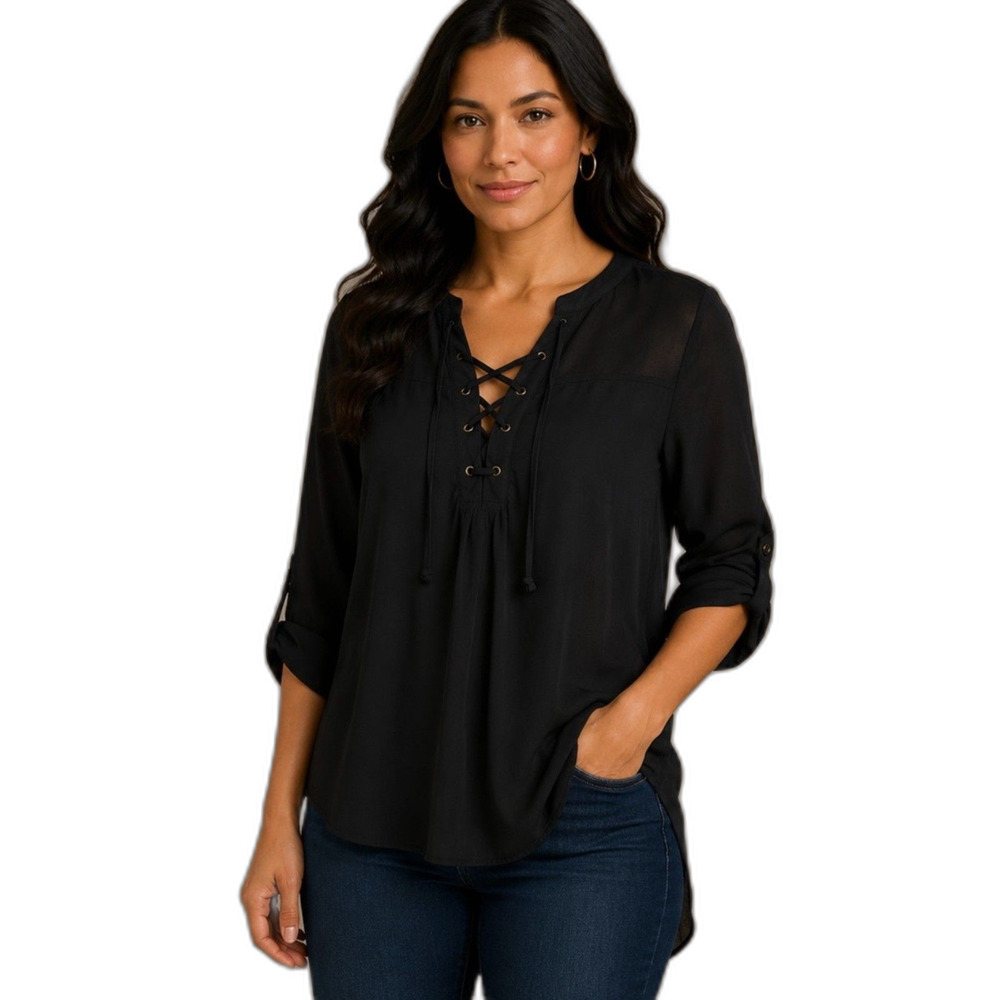 Rue21 Black Lace-Up Peasant Blouse - Hi- Low hem line- Size 1X - Picture 1 of 4